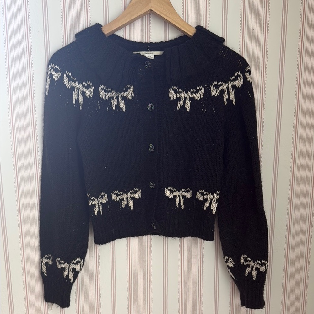 Black Cardigan with White Bow Pattern